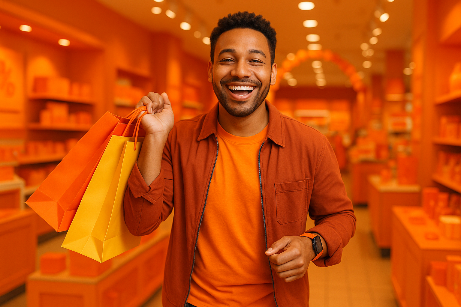 A HAPPY MAN DOING SHOPING CONTAINS ORANGE