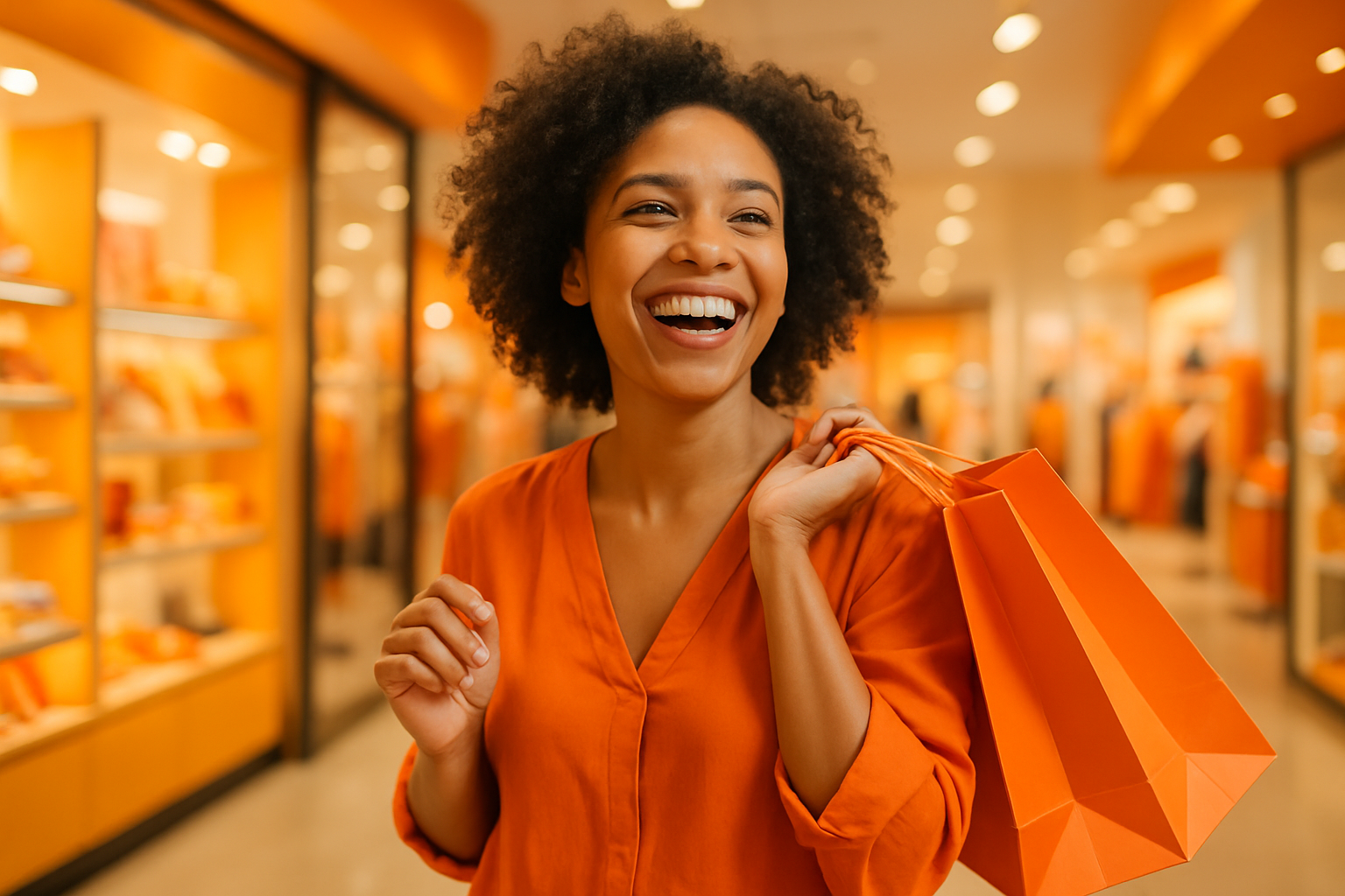 a happy  women doing shopping contains orange color
